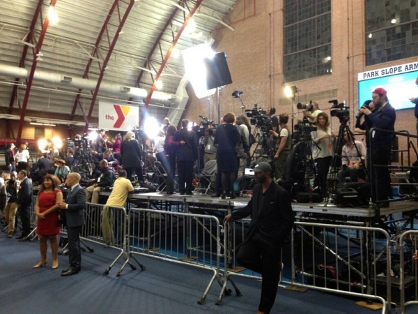 Bill de Blasio party, press pit